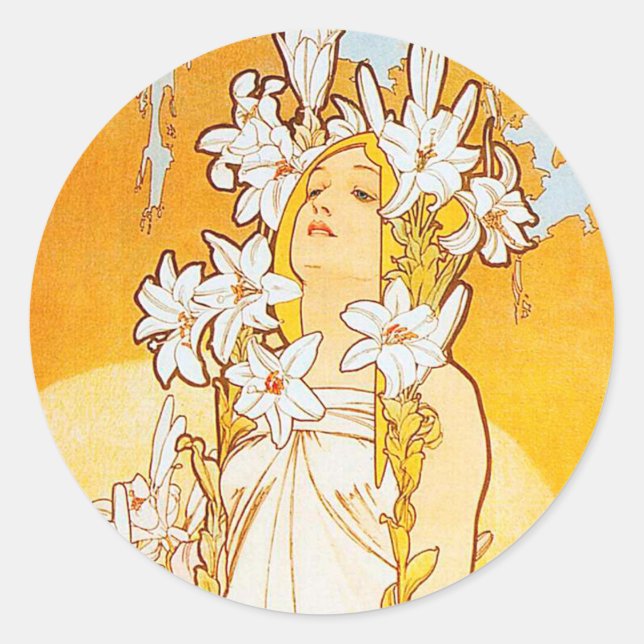 Vintage Lily by Alphonse Mucha Classic Round Sticker (Front)