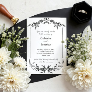 Vintage Line Drawn Floral Black & White Wedding   Invitation
