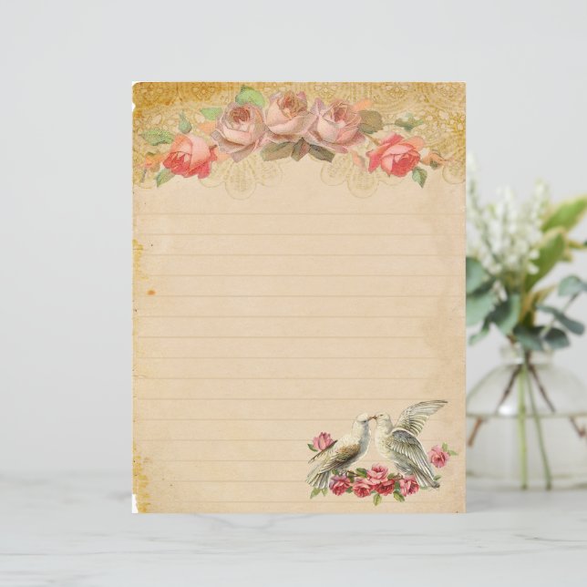 Vintage Lined Paper Roses and Two Doves (Standing Front)