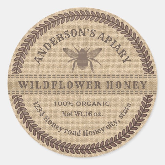 Vintage linen  bee apiary honey jar label (Front)