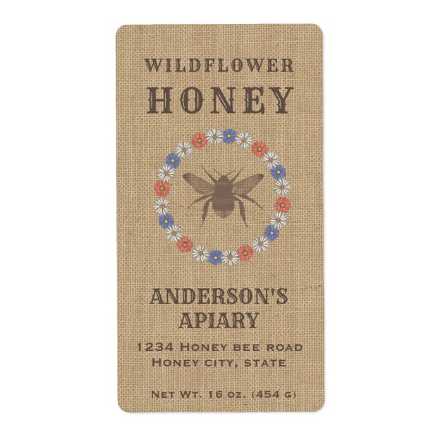 Vintage linen floral bee honey jar label (Front)