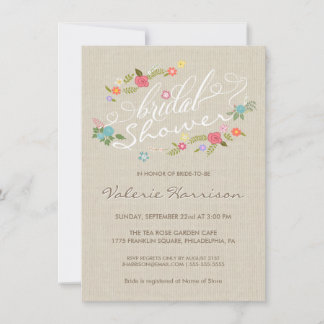 Vintage Linen Floral Wreath Bridal Shower Invites