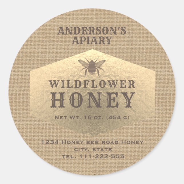 Vintage linen gold bee honey jar label (Front)