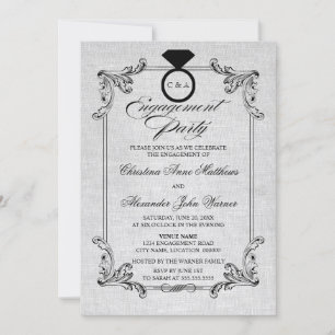 Vintage Linen Look and Ornament Engagement Party Invitation