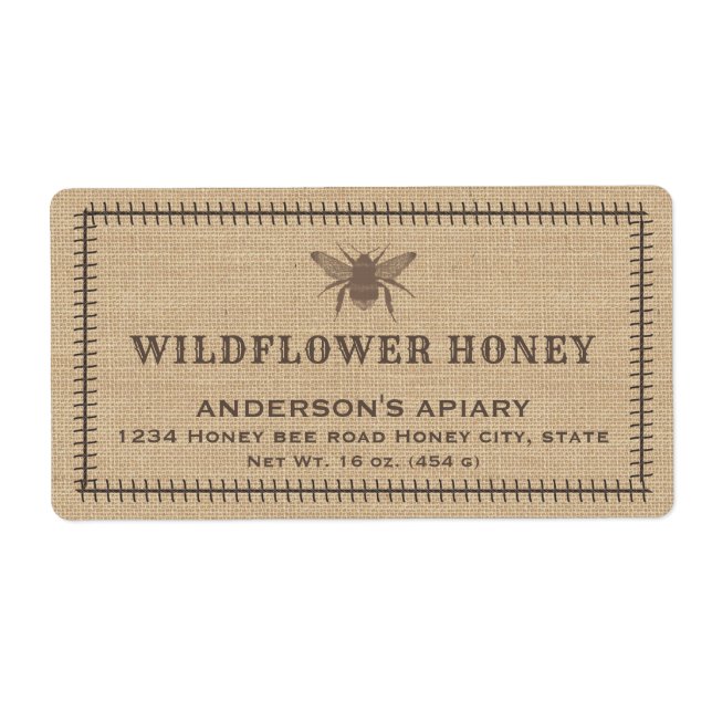 Vintage linen rustic  bee honey jar label (Front)