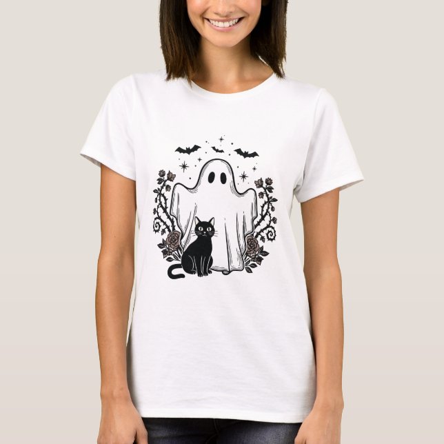 Vintage Linocut Spooky Cat & Ghost T-Shirt (Front)