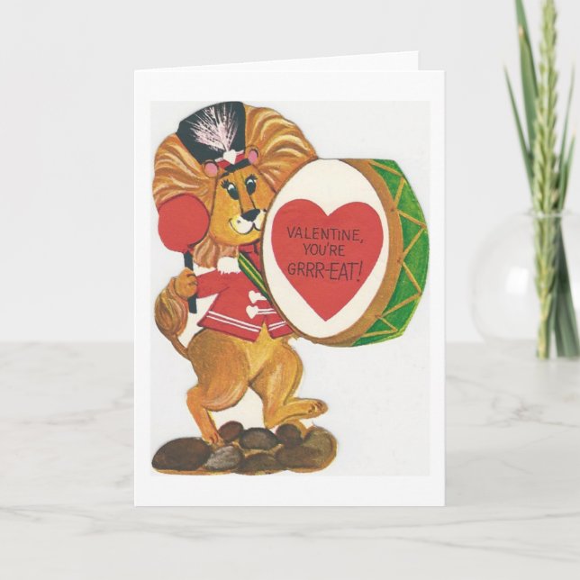 Vintage Lion Drummer Valentine Holiday Card (Front)