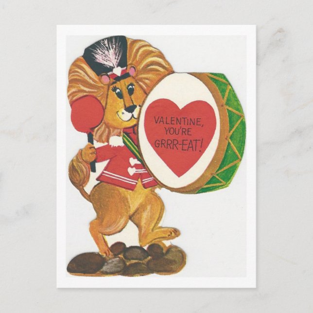 Vintage Lion Drummer Valentine Holiday Postcard (Front)