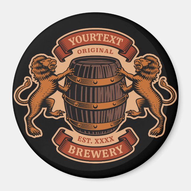 Vintage Lion Oak Barrel Personalised Brewery Beer Magnet (Front)