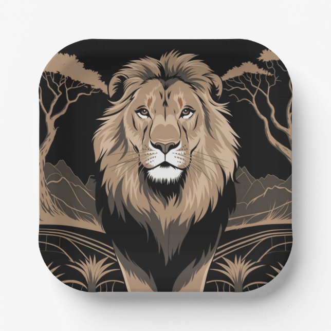 Vintage Lion Portrait Paper Plate (Front)