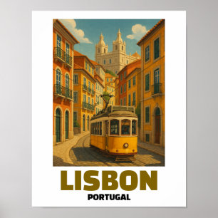 Vintage Lisbon Portugal Retro Tram Street Scene Poster