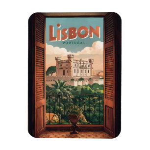 Vintage lisbon portugal travel, window view gifts magnet