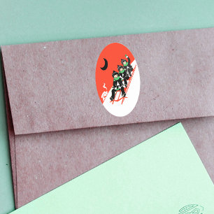 Vintage Little Boys Sledding Snow Moon House Oval Sticker