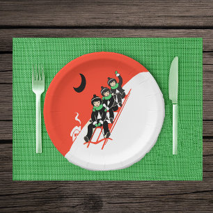 Vintage Little Boys Sledding Snow Moon House Paper Plate