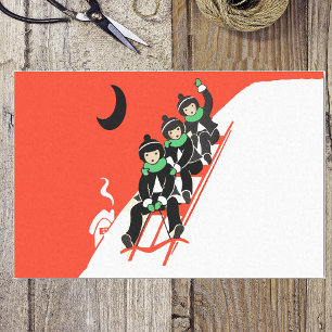 Vintage Little Boys Sledding Snow Moon House Tissue Paper
