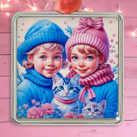Vintage Little Children Christmas Personalised Metal Tree Decoration<br><div class="desc">Pretty little vintage girl and boy in pink and blue winter hats holding kittens retro nostalgic vibe Christmas ornament for those who like an old-fashioned Christmas.</div>