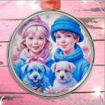 Vintage Little Children Christmas Personalised Metal Tree Decoration<br><div class="desc">Pretty little vintage girl and boy in pink and blue winter hats holding puppies retro nostalgic vibe Christmas ornament for those who like an old-fashioned Christmas.</div>