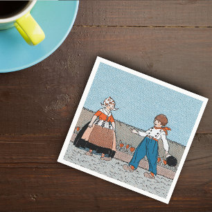 Vintage Little Dutch Girl Boy Traditional Dress Napkin