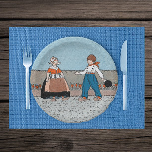 Vintage Little Dutch Girl Boy Traditional Dress Paper Plate