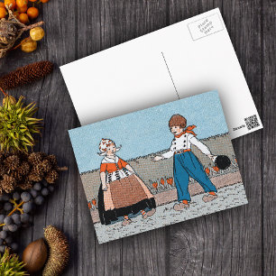 Vintage Little Dutch Girl Boy Traditional Dress Postcard