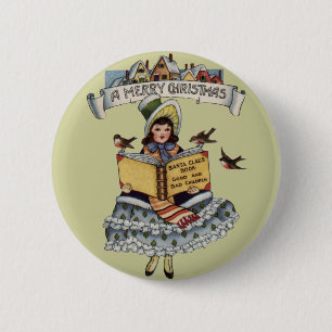Vintage Little Girl and Xmas Santa Claus Book 6 Cm Round Badge