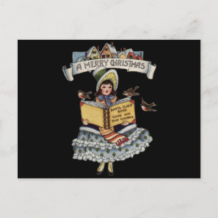 Vintage Little Girl and Xmas Santa Claus Book Holiday Postcard