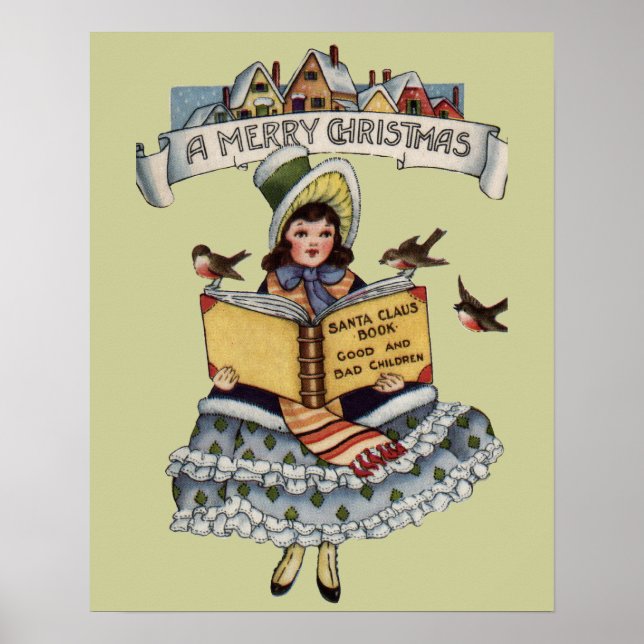 Vintage Little Girl and Xmas Santa Claus Book Poster (Front)