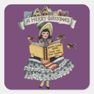 Vintage Little Girl and Xmas Santa Claus Book Square Sticker