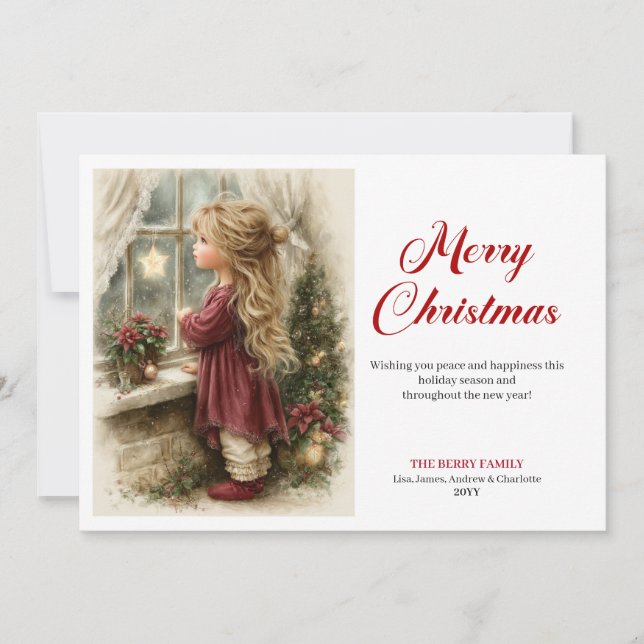 Vintage little girl awaiting Santa editable  Holiday Card (Front)