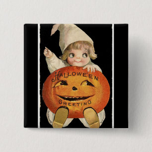 Vintage Little Girl Big Halloween Pumpkin Square 15 Cm Square Badge