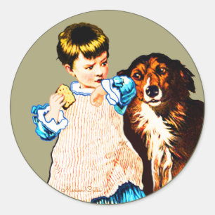 Vintage Little Girl Brown White Dog Cake Classic Round Sticker