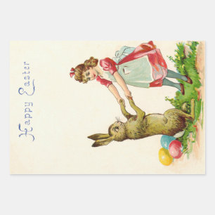 Vintage Little Girl Dance with Bunny Easter Egg Wrapping Paper Sheet