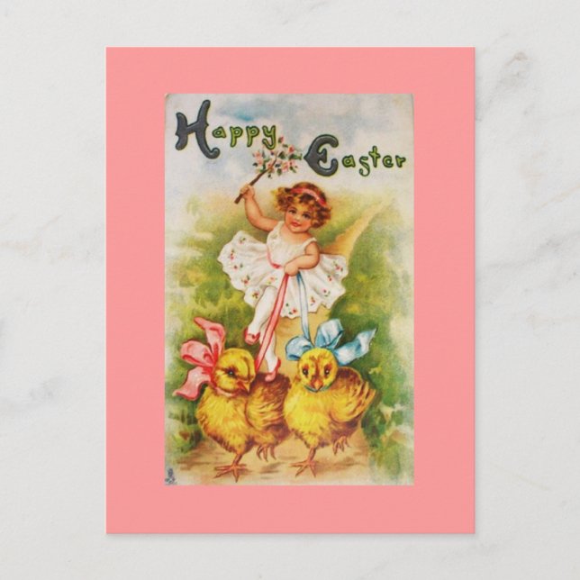 Vintage Little Girl & Easter Chicks Holiday Postcard (Front)