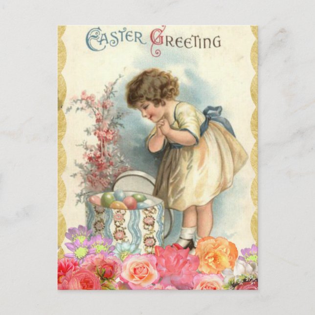 Vintage Little Girl Happy Easter Eggs Postcard (Front)