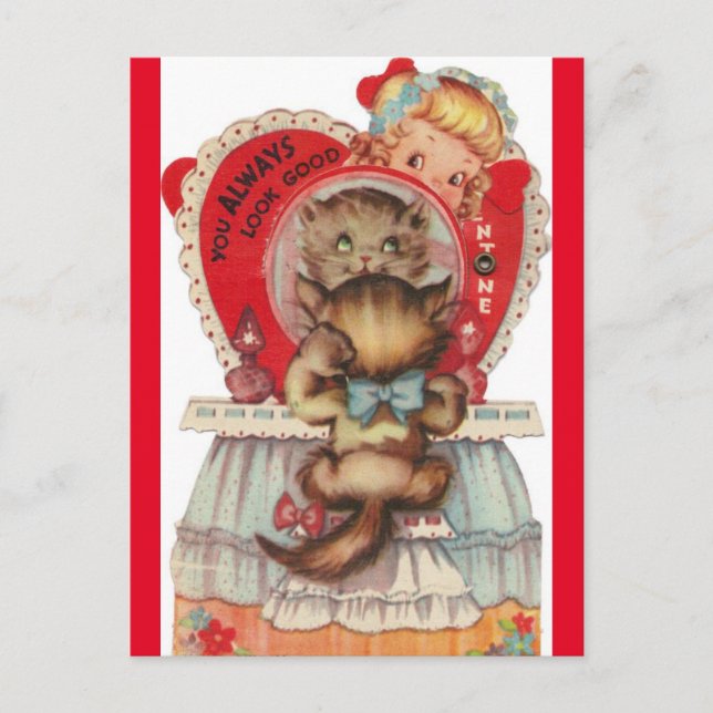 Vintage Little Girl & Kitten 1950's Valentine Postcard (Front)