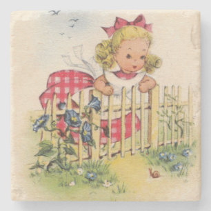 Vintage Little Girl Looking Over Fence Fine Art Stone Coaster