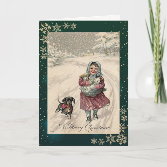 Vintage Little Girl Pets Snowflakes Holiday Card (Front)