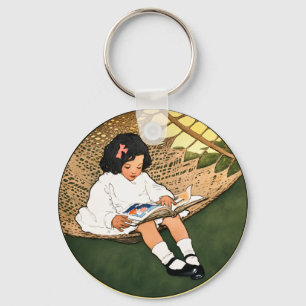 Vintage Little Girl Reading in a Hammock Key Ring