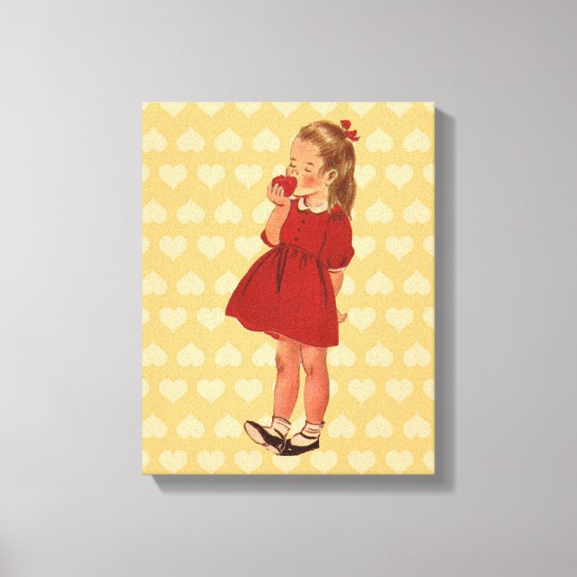 Vintage Little Girl Red Dress Apple Canvas Print (Front)