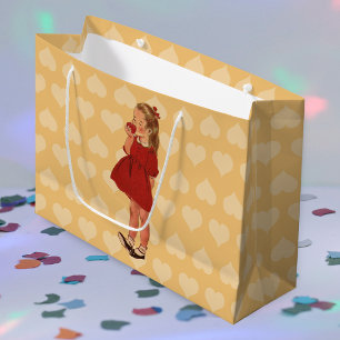 Vintage Little Girl Red Dress Apple Large Gift Bag