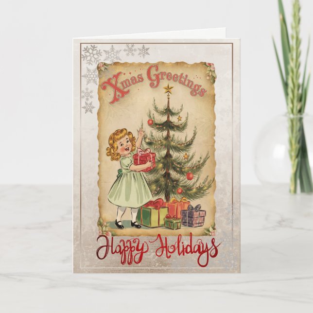 Vintage Little Girl Squirrels Snowflakes  Holiday Card (Front)