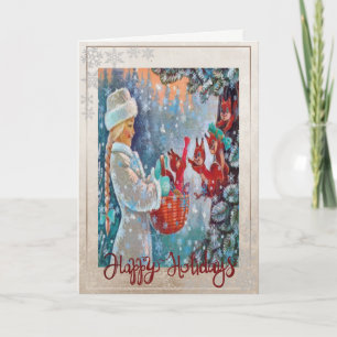 Vintage Little Girl Squirrels Snowflakes  Holiday Card