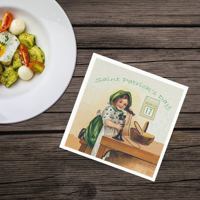 Vintage Little Girl St. Patrick's Day Napkin (Little Irish gile on vintage telephone in green St Patrick's day on napkins.)