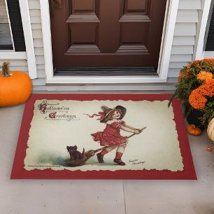 Vintage Little Girl Witch on Broom Halloween Doormat