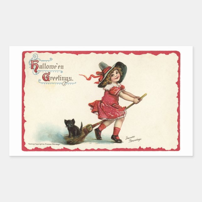 Vintage Little Girl Witch Rectangular Sticker (Front)