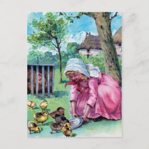 Vintage Little Girl With Baby Chicks Postcard