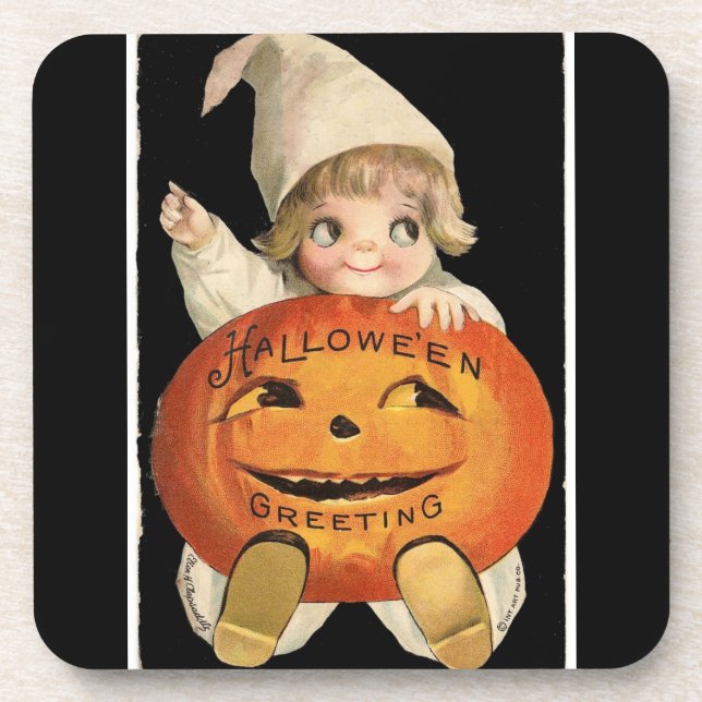 Vintage Little Girl with Big Halloween Pumpkin Coaster (Front)