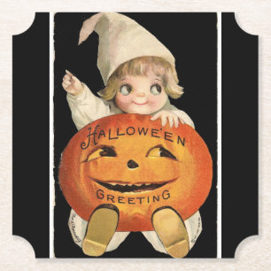Vintage Little Girl with Big Halloween Pumpkin Paper Coaster