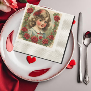 Vintage  little girl  with roses napkin