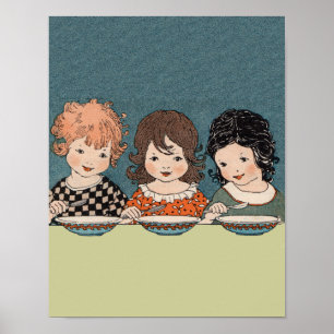 Vintage Little Girls Eating Soup Three Sisters Poster